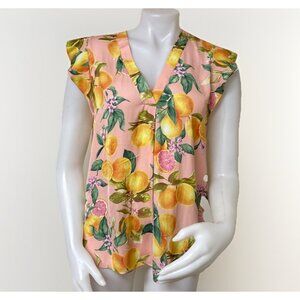 Joie Citrus Blossom Top Womens Sz M Silky Flutter Sleeve Summer Blouse V Neck